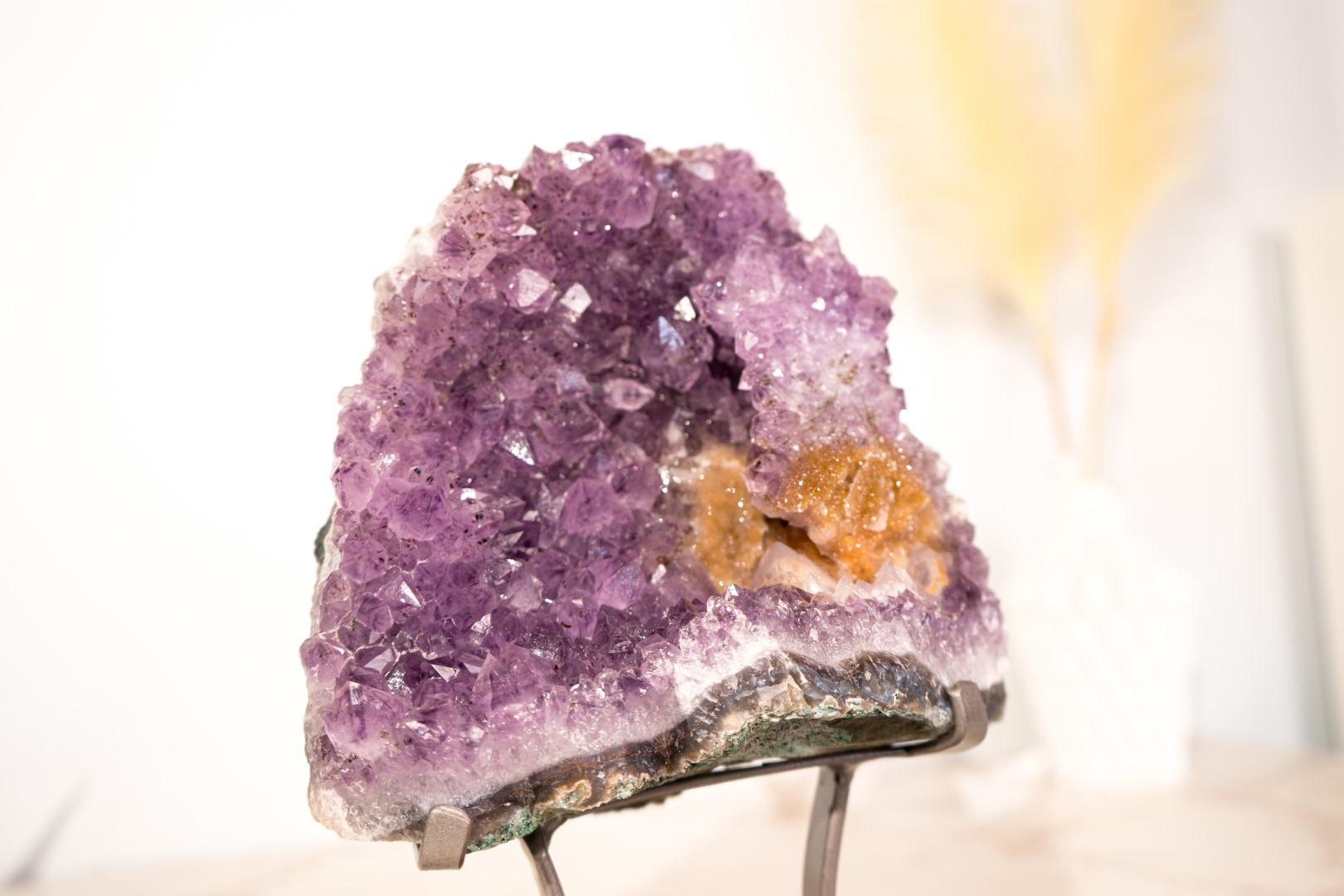 Cluster di ametista con rara placca di rosetta di ametista e goethite dorata in vendita 3