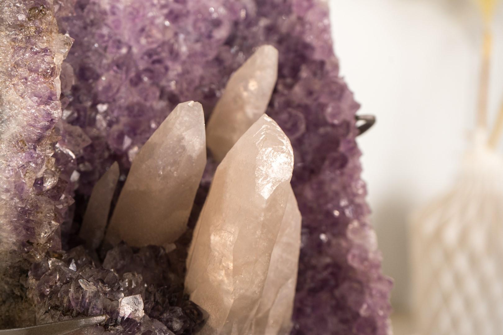 Amethyst Cluster with Rare UV-Reactive Calcite on Lavender Purple Druzy For Sale 4