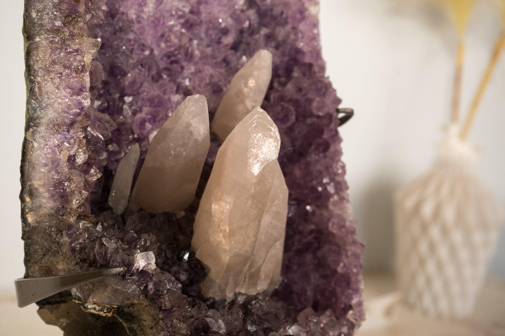 Amethyst Cluster with Rare UV-Reactive Calcite on Lavender Purple Druzy For Sale 5
