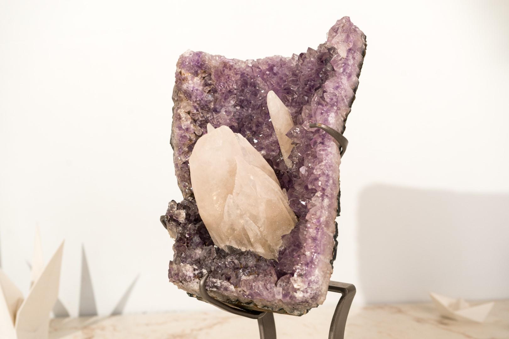 Amethyst Cluster with Rare UV-Reactive Calcite on Lavender Purple Druzy For Sale 6