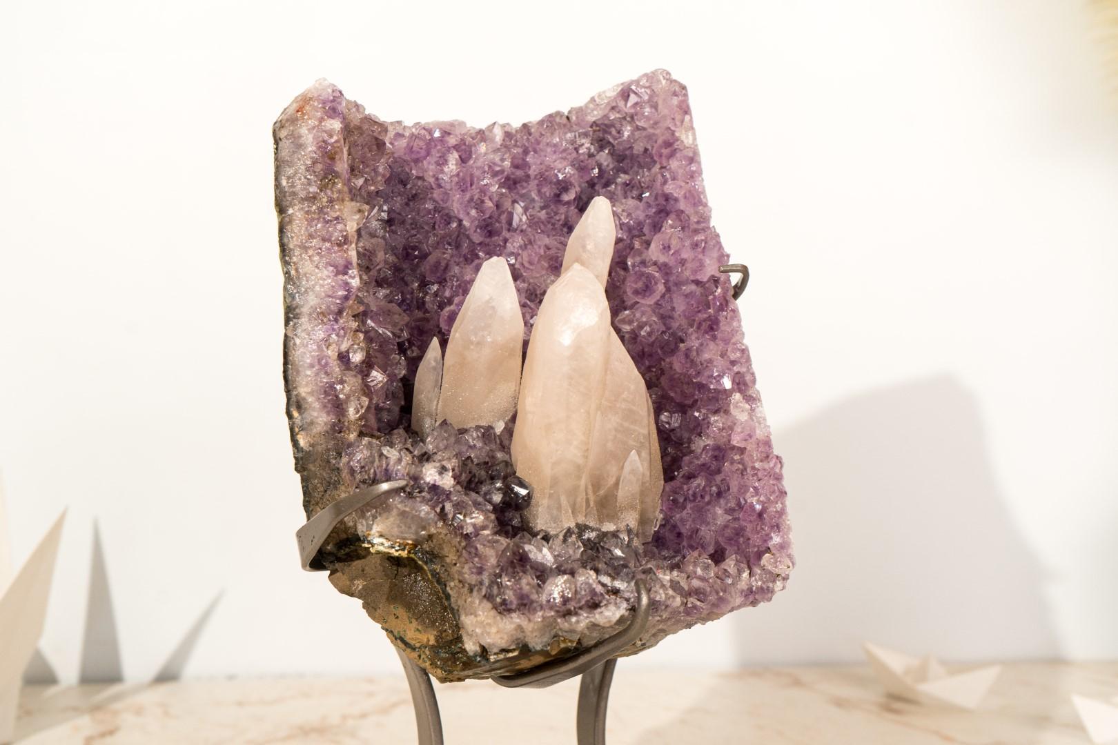 Amethyst Cluster with Rare UV-Reactive Calcite on Lavender Purple Druzy For Sale 7