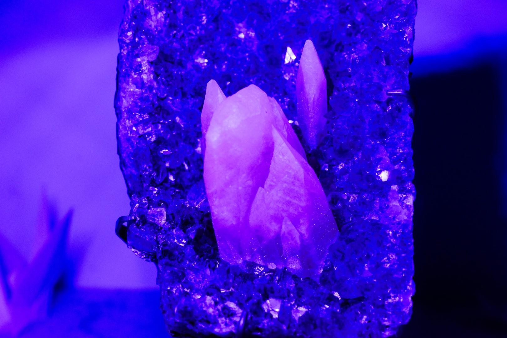 Amethyst Cluster with Rare UV-Reactive Calcite on Lavender Purple Druzy For Sale 13
