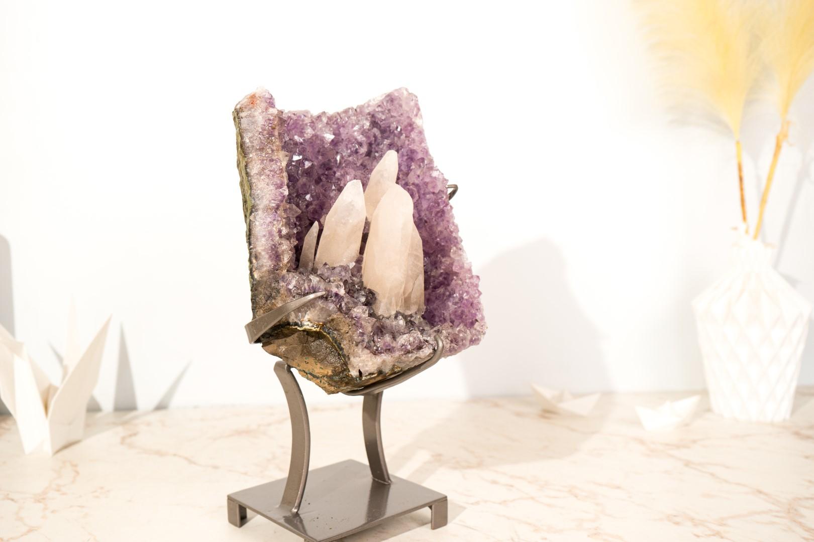 Brazilian Amethyst Cluster with Rare UV-Reactive Calcite on Lavender Purple Druzy For Sale