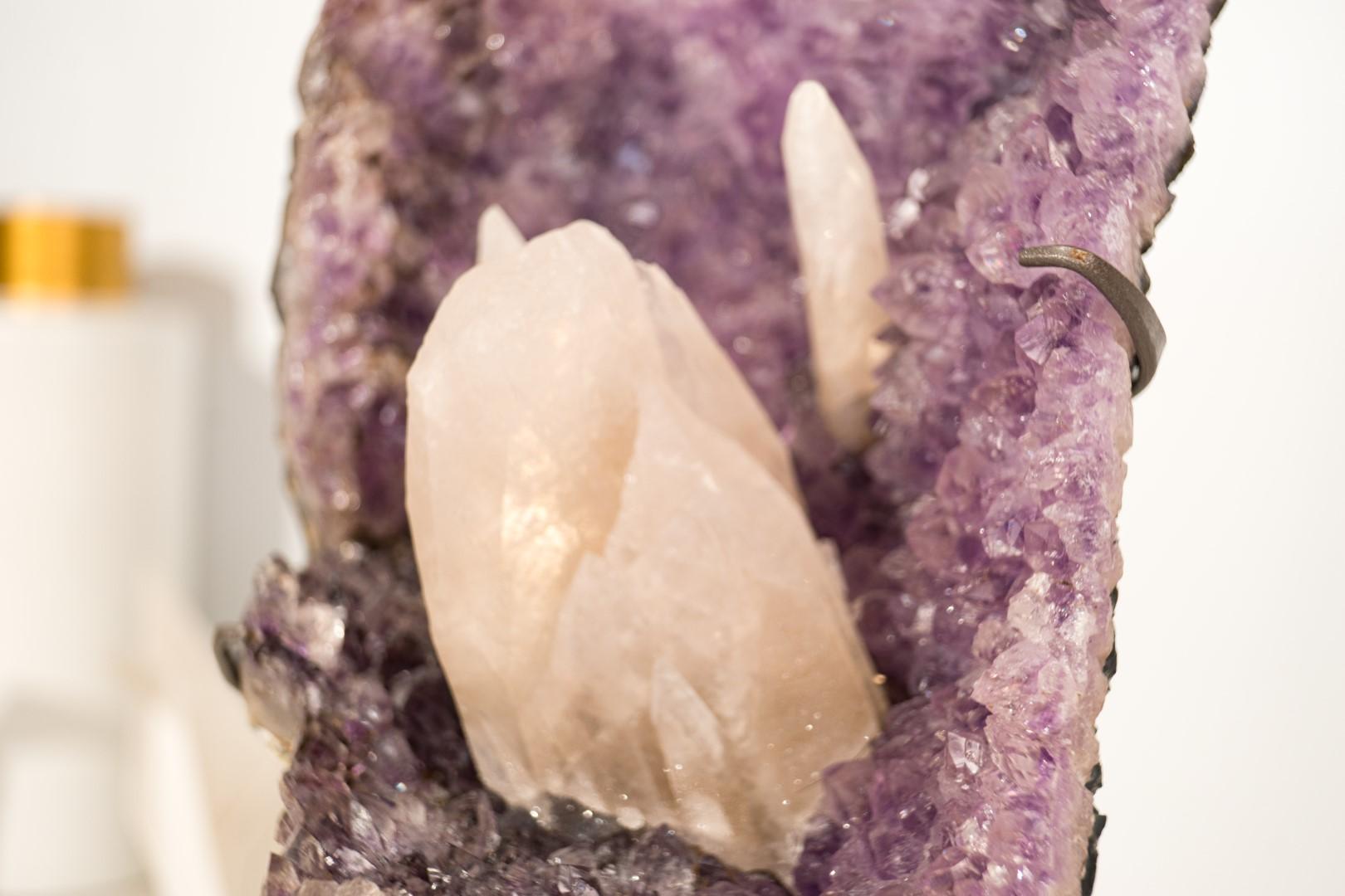Contemporary Amethyst Cluster with Rare UV-Reactive Calcite on Lavender Purple Druzy For Sale