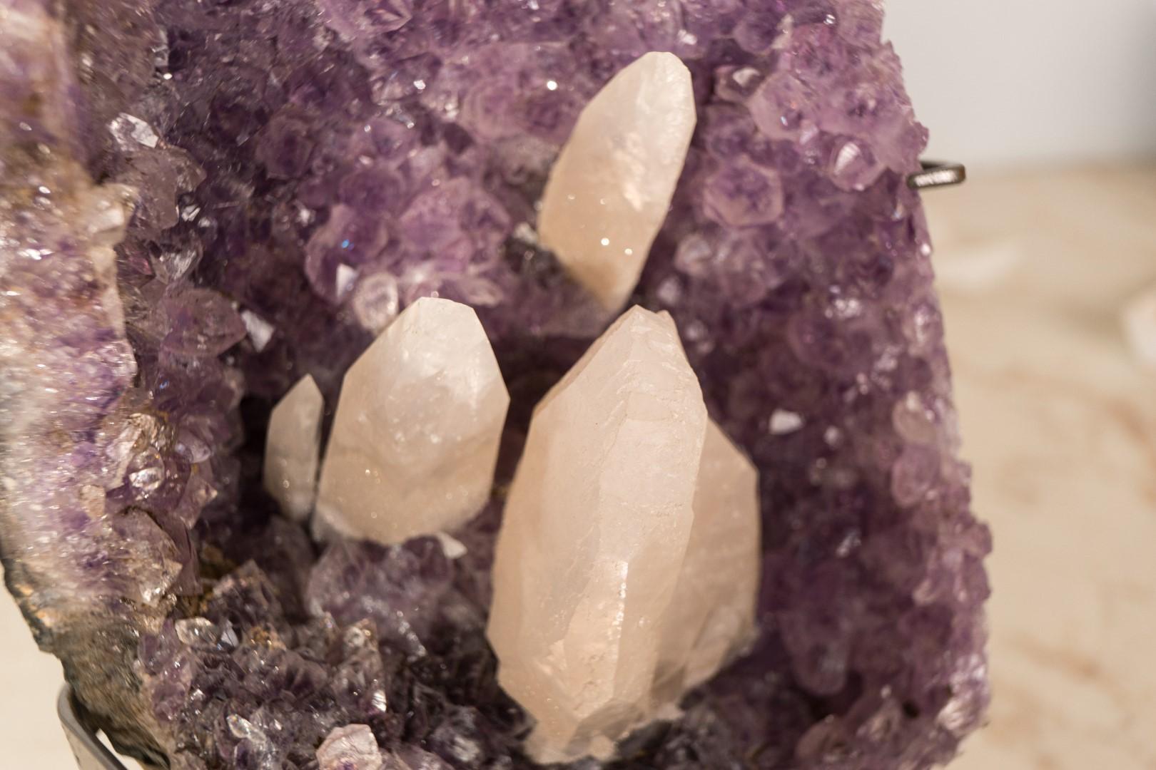 Amethyst Cluster with Rare UV-Reactive Calcite on Lavender Purple Druzy For Sale 1