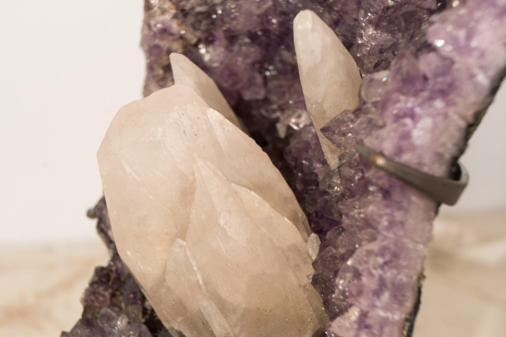 Amethyst Cluster with Rare UV-Reactive Calcite on Lavender Purple Druzy For Sale 2