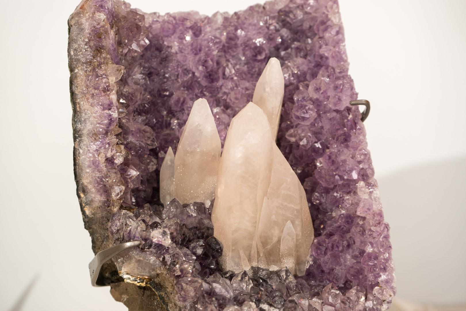 Amethyst Cluster with Rare UV-Reactive Calcite on Lavender Purple Druzy For Sale 3