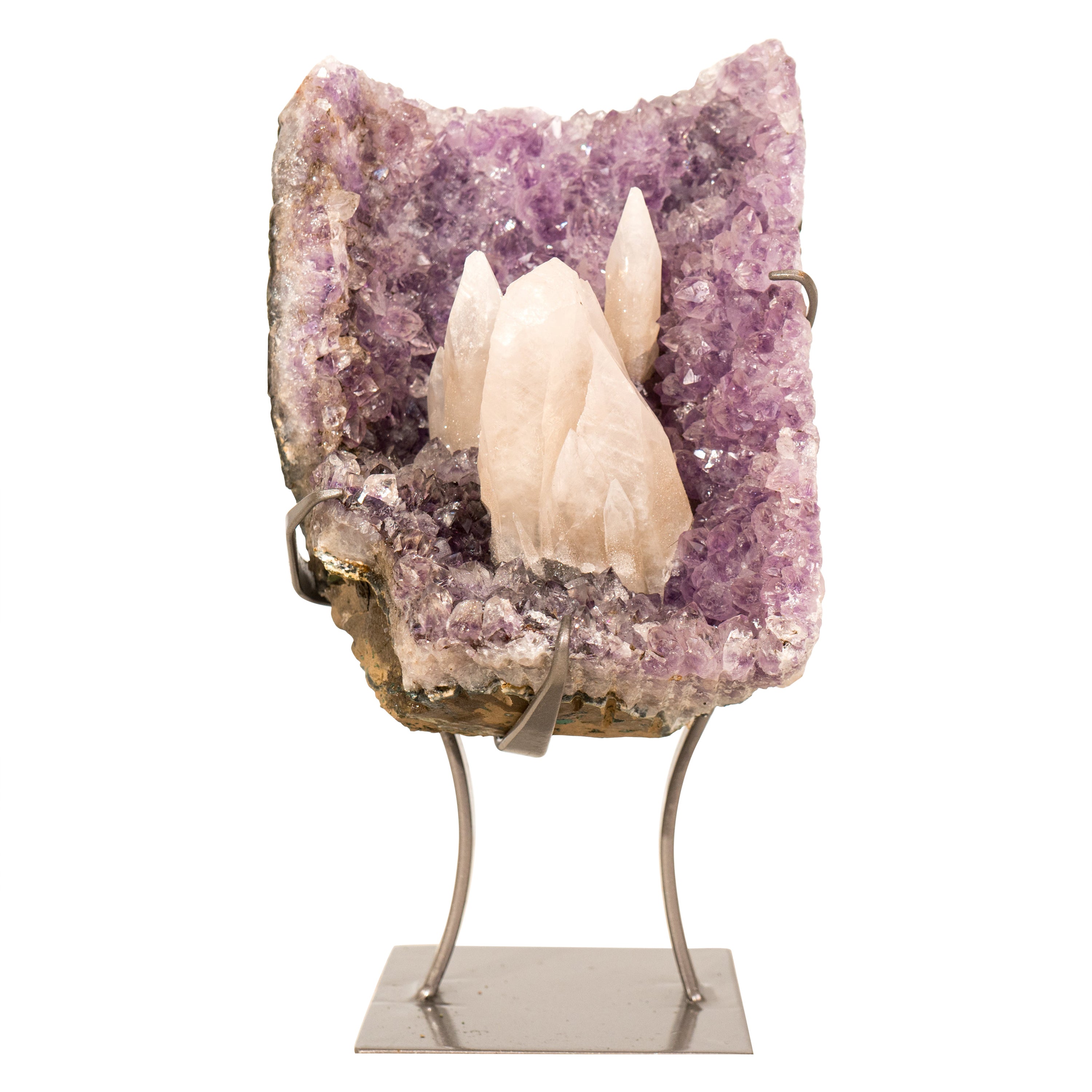 Amethyst-Cluster mit seltenem UV-Reaktivem Calcite auf lavendelfarbenem lila Druzy