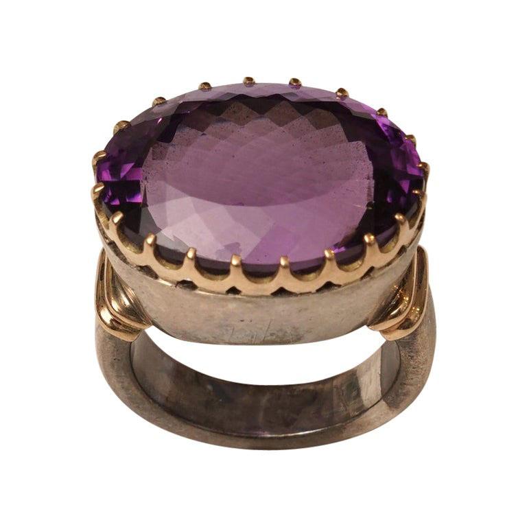 Amethyst Cocktail Fashion Ring in 18 Karat Gold and Sterling Band