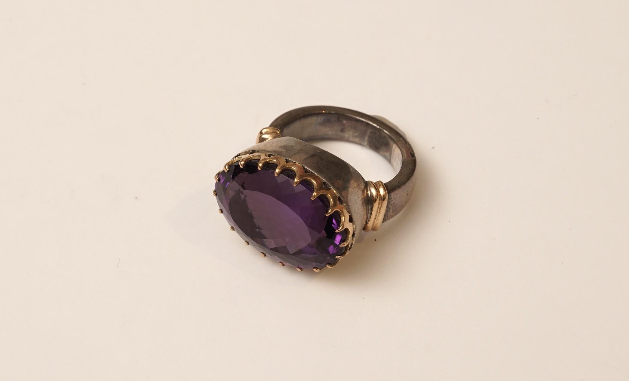 Oval Cut Amethyst Cocktail Fashion Ring in 18 Karat Gold and Sterling Band