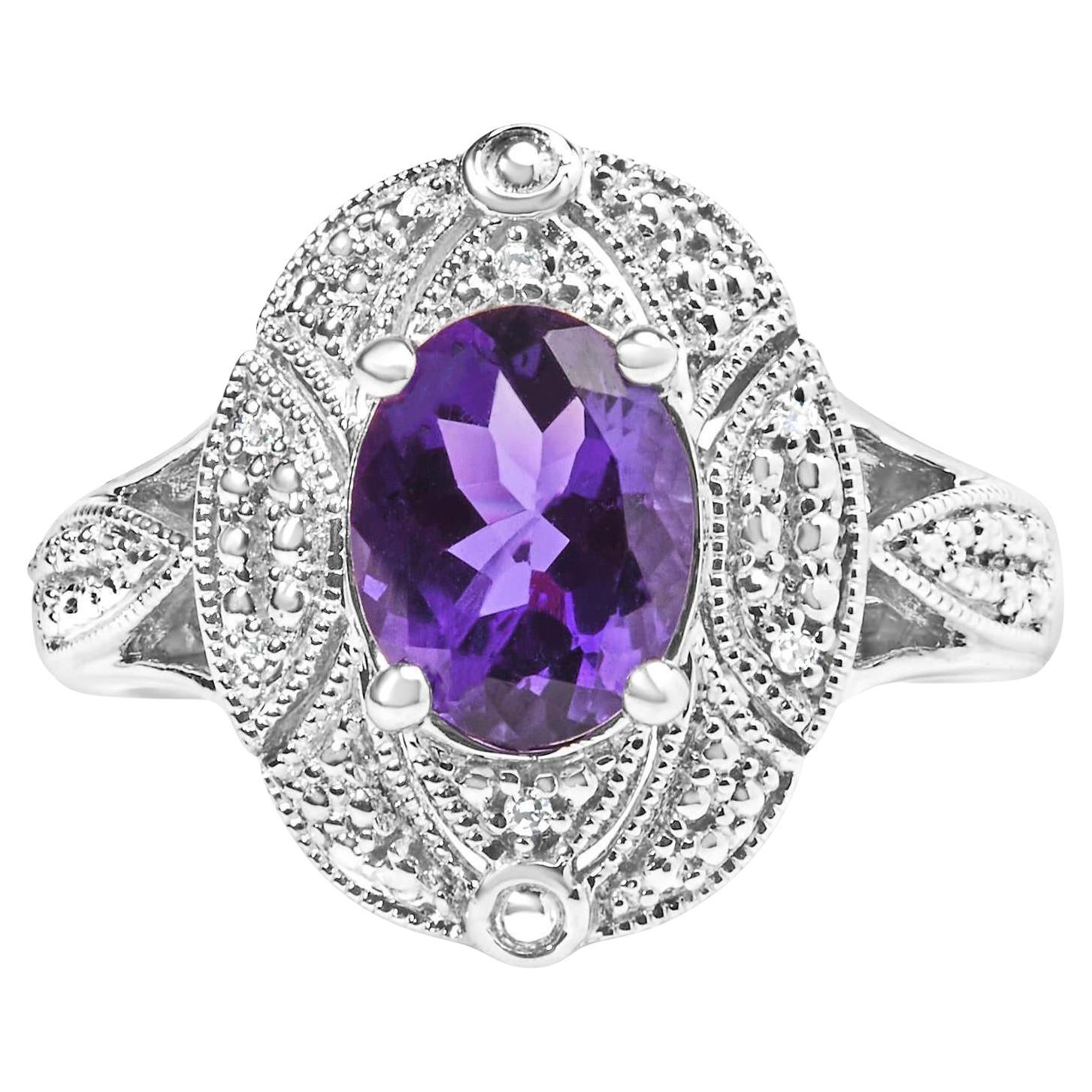 Amethyst Cocktail Ring Diamonds 1.78 Carats Sterling Silver For Sale
