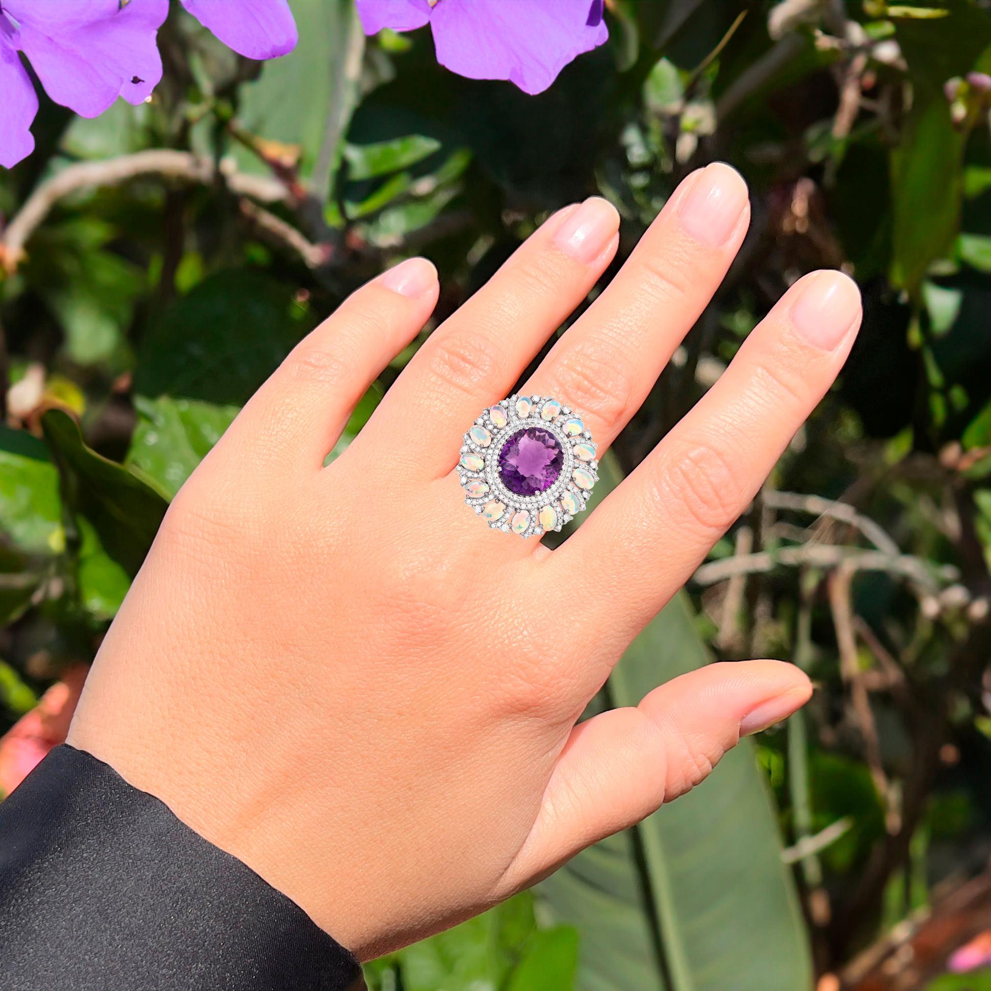Oval Cut Amethyst Cocktail Ring Opals and Diamonds Halo 17.25 Carats For Sale