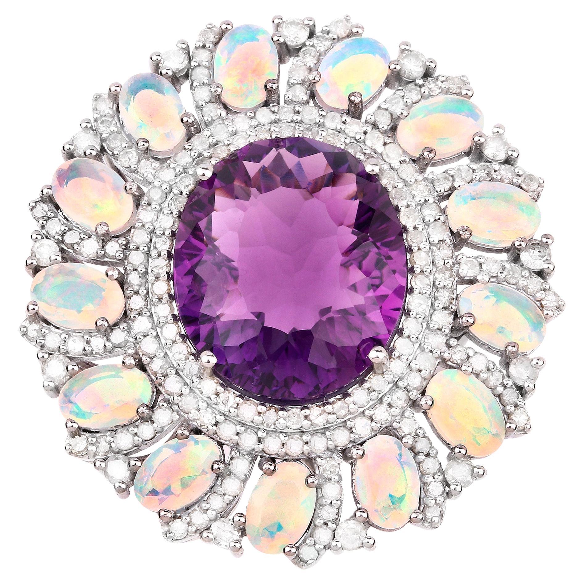Amethyst Cocktail Ring Opals and Diamonds Halo 17.25 Carats For Sale