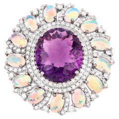 Amethyst Cocktail Ring Opals and Diamonds Halo 17.25 Carats