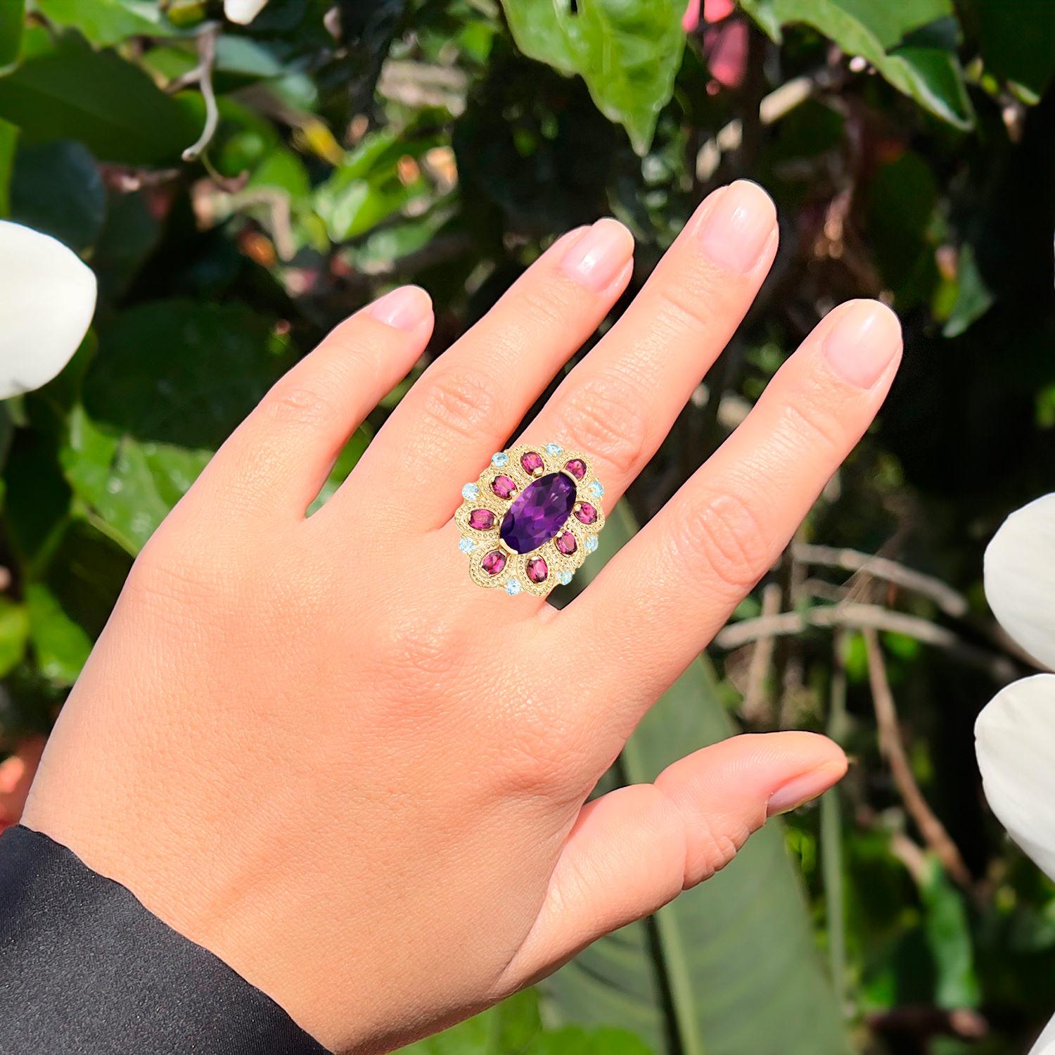 Mixed Cut Amethyst Cocktail Ring Rhodolite Garnets and Blue Topazes 9.10 Carats For Sale