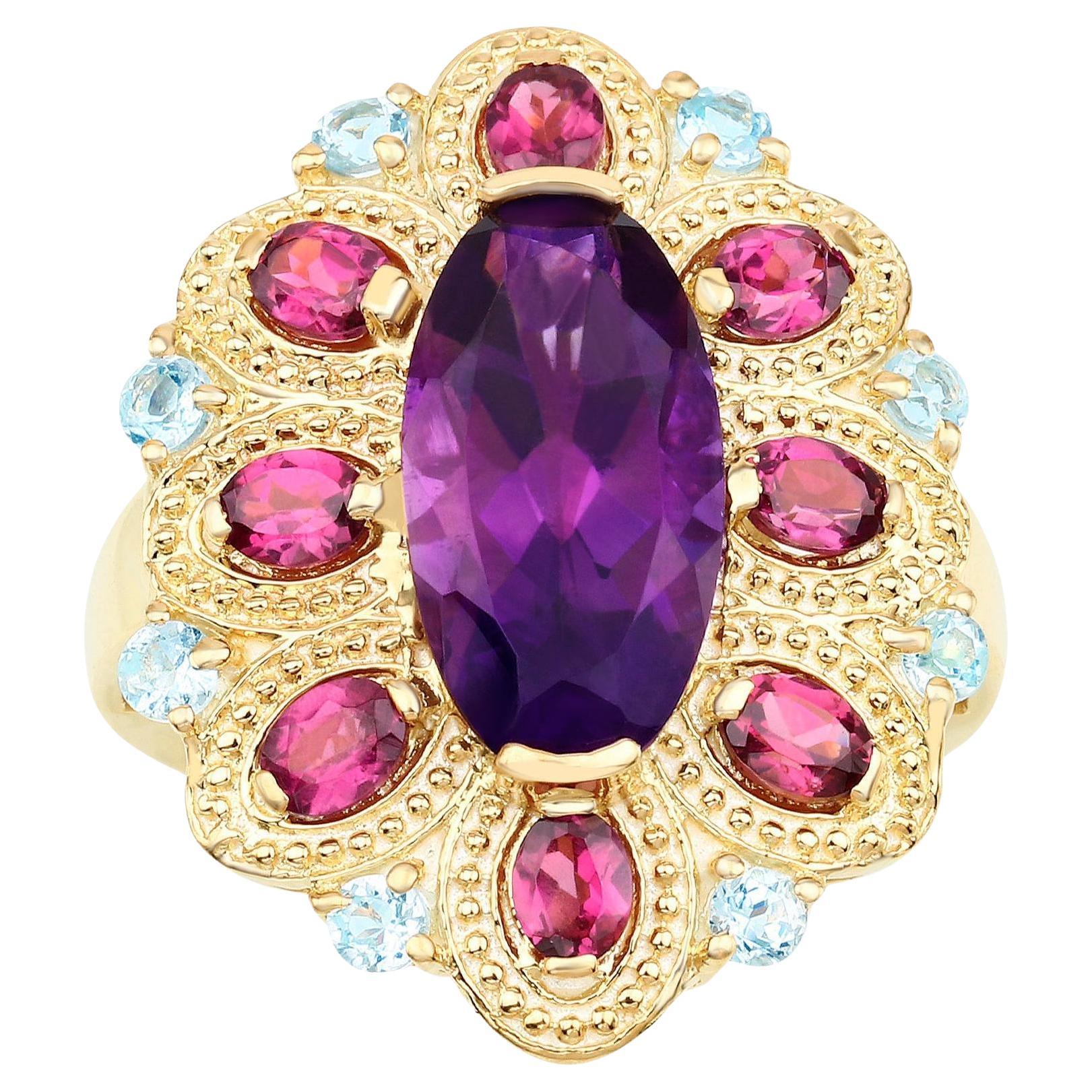 Amethyst-Cocktailring Rhodolith-Granats und blaue Topas 9,10 Karat