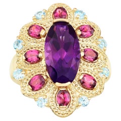 Amethyst Cocktail Ring Rhodolite Garnets and Blue Topazes 9.10 Carats