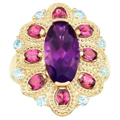 Amethyst Cocktail Ring Rhodolite Garnets and Blue Topazes 9.10 Carats