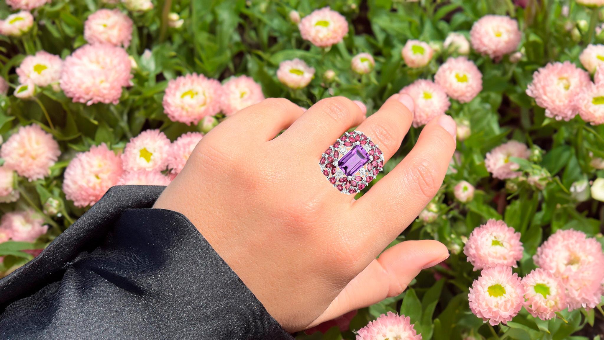 Emerald Cut Amethyst Cocktail Ring Rhodolite Garnets and White Topazes 7.60 Carats For Sale