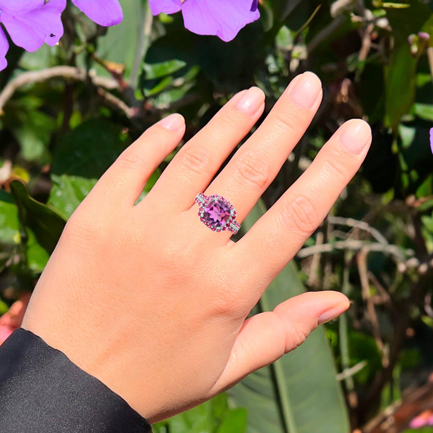 Cushion Cut Amethyst Cocktail Ring Rhodolite Setting 5 Carats For Sale