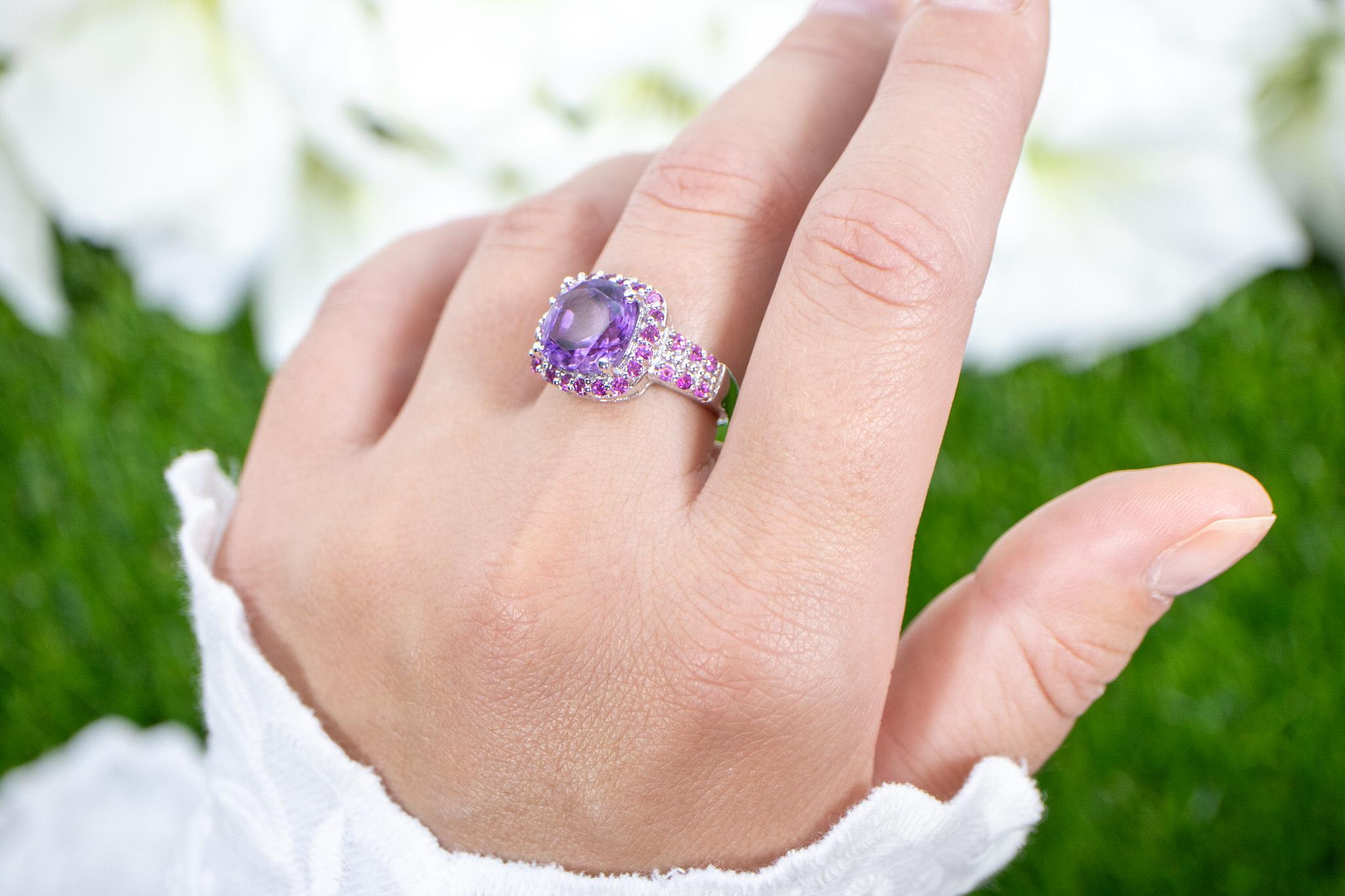 Cushion Cut Amethyst Cocktail Ring Rhodolite Setting 5 Carats For Sale