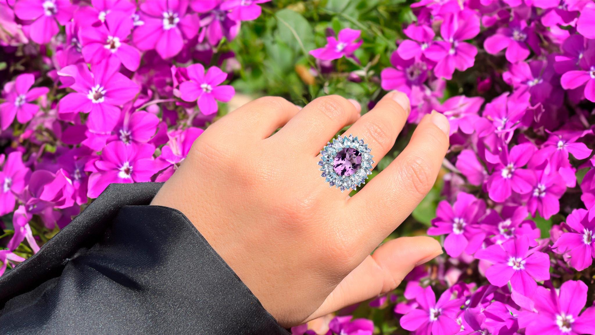 Contemporary Amethyst Cocktail Ring Tanzanite and Blue Topaz Halo 7.8 Carats For Sale