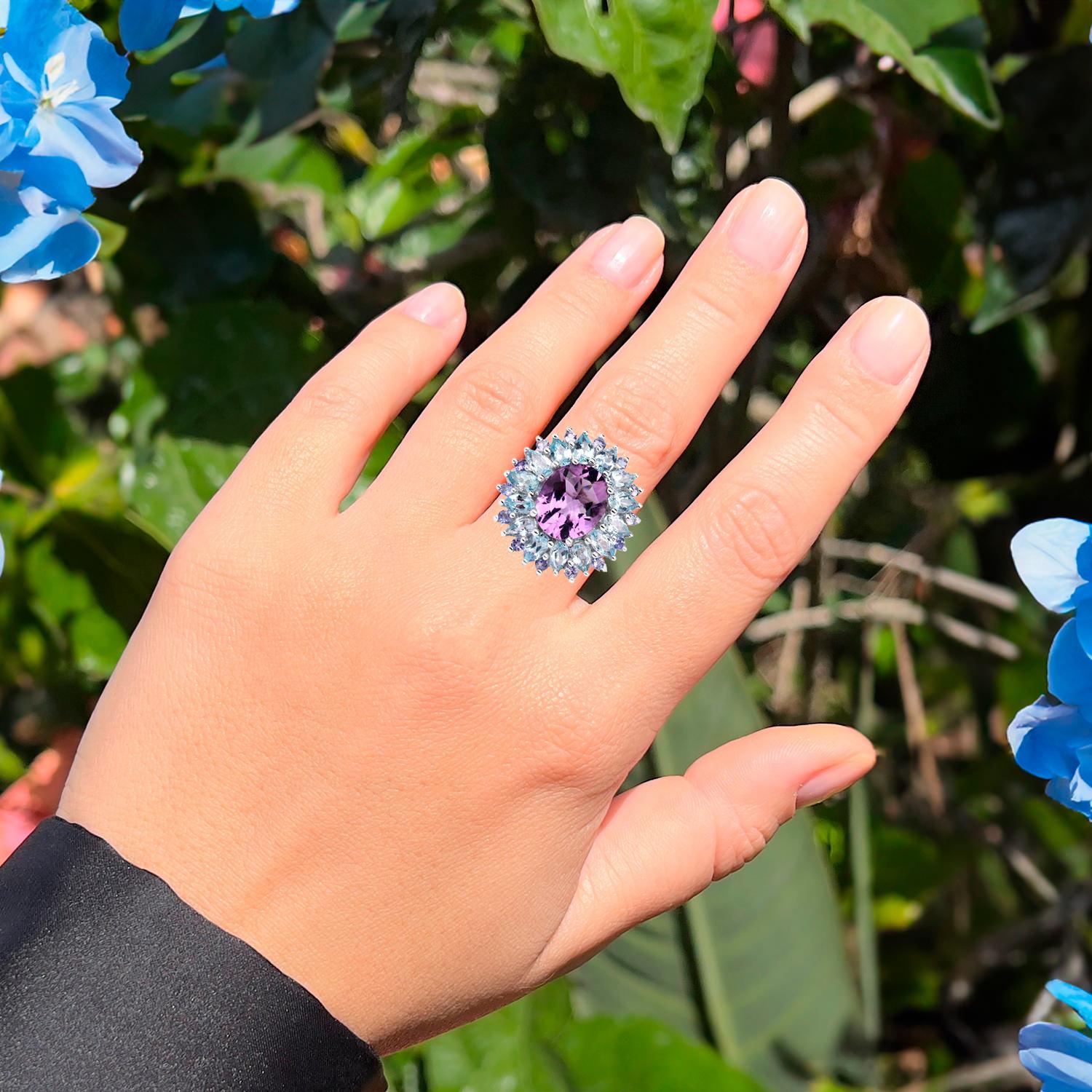 Oval Cut Amethyst Cocktail Ring Tanzanite and Blue Topaz Halo 7.8 Carats For Sale