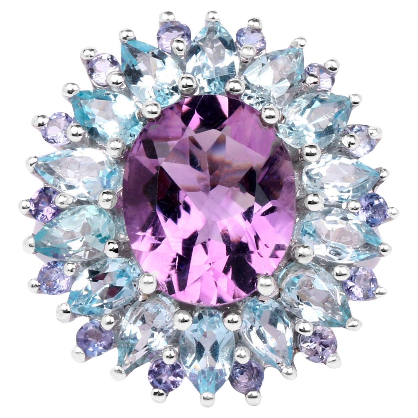 Amethyst Cocktail Ring Tanzanite and Blue Topaz Halo 7.8 Carats