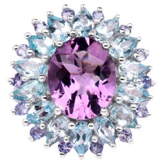 Amethyst Cocktail Ring Tanzanite and Blue Topaz Halo 7.8 Carats
