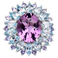 Anillo de cóctel de amatista Halo de tanzanita y topacio azul 7,8 quilates