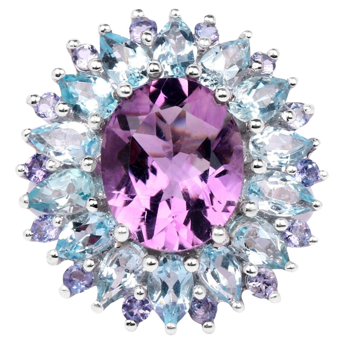 Amethyst Cocktail Ring Tanzanite and Blue Topaz Halo 7.8 Carats For Sale