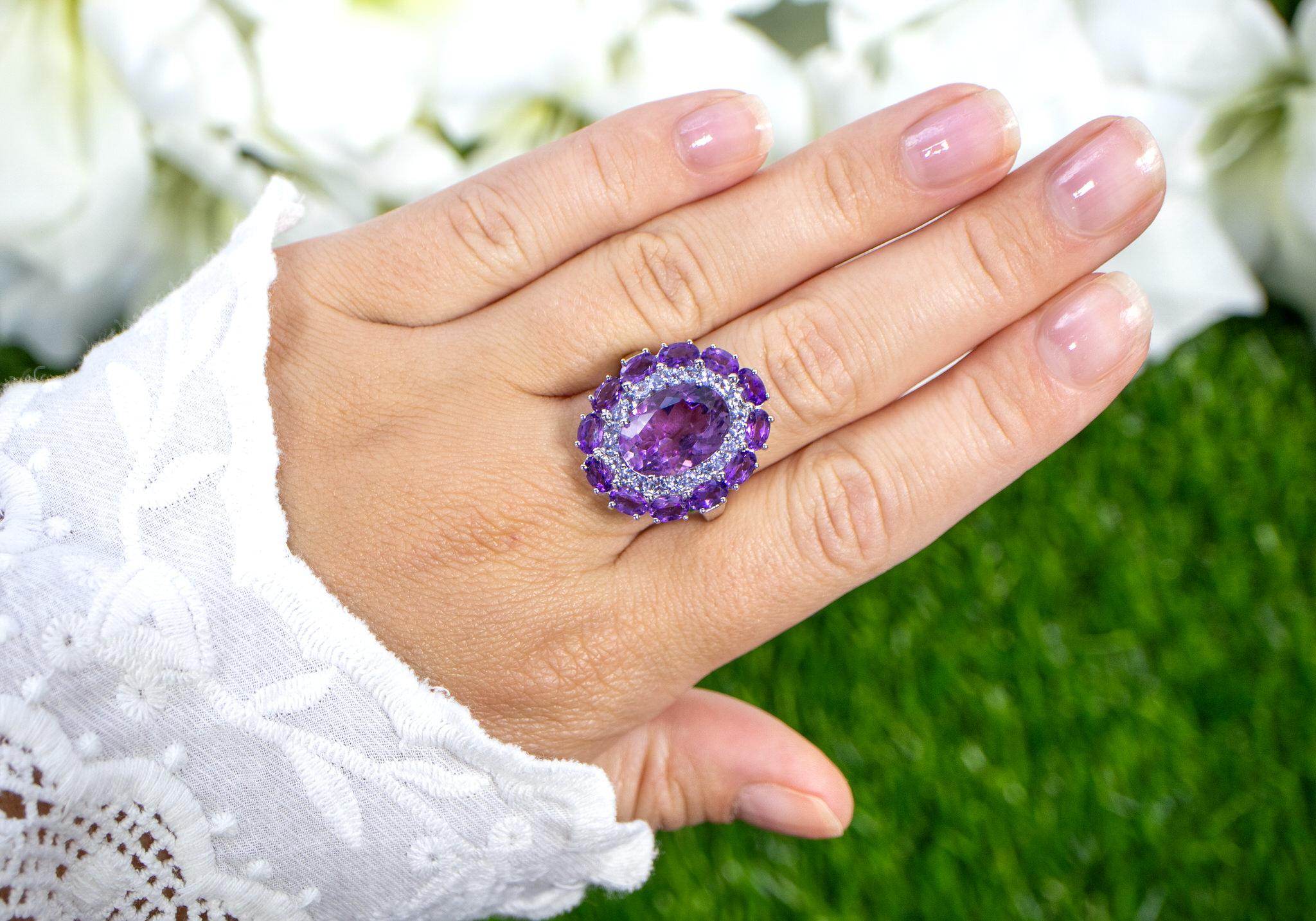 It comes with the Gemological Appraisal by GIA GG/AJP
All Gemstones are Natural in Origin
13 Amethysts = 7.05 Carats
22 Tanzanites = 0.75 Carats
Metal: Rhodium Plated Sterling Silver
Ring Size: 8* US
*It can be resized complimentary