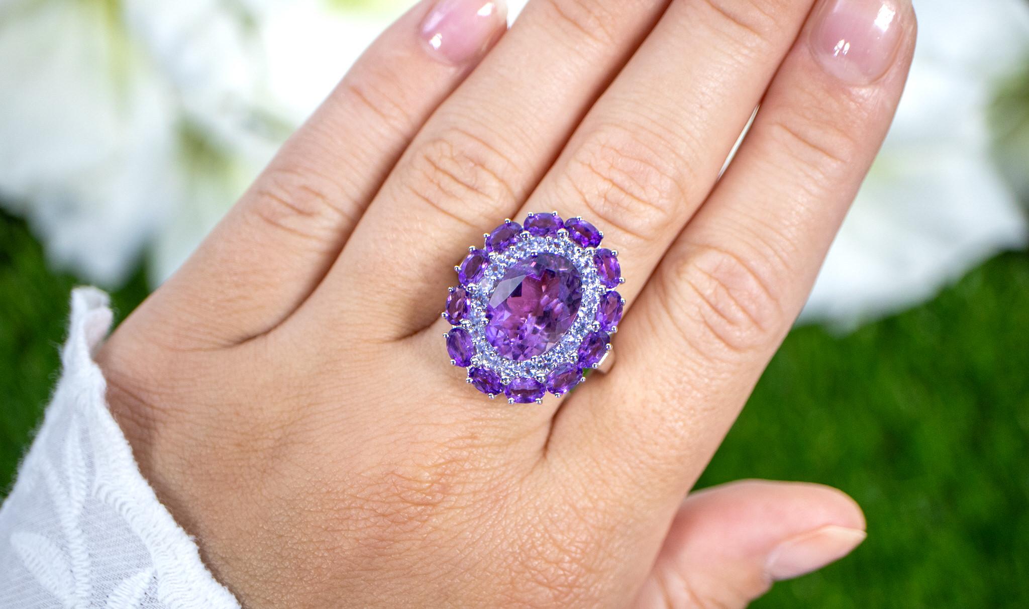 Contemporary Amethyst Cocktail Ring Tanzanite Halo 7.8 Carats For Sale