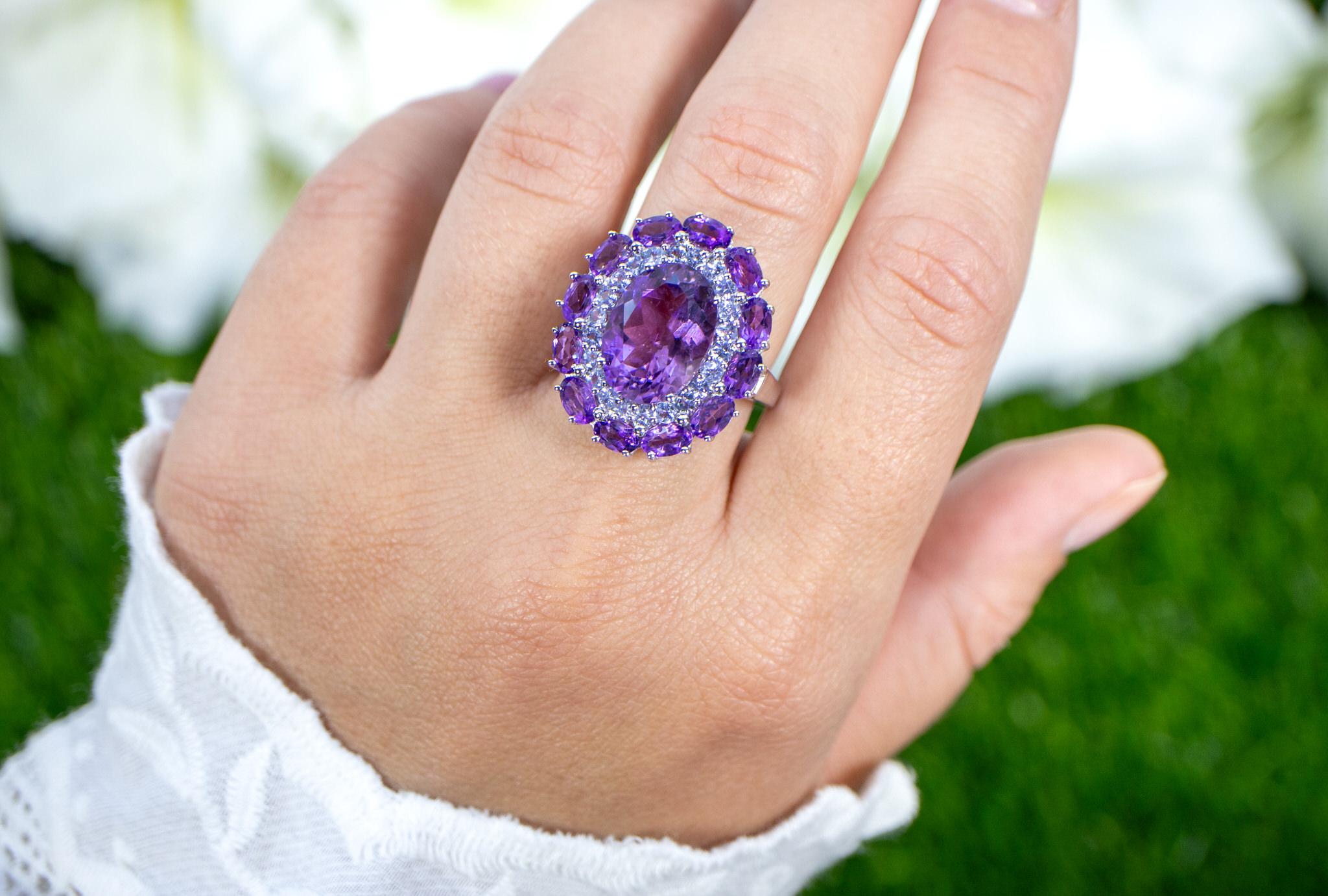 Oval Cut Amethyst Cocktail Ring Tanzanite Halo 7.8 Carats For Sale