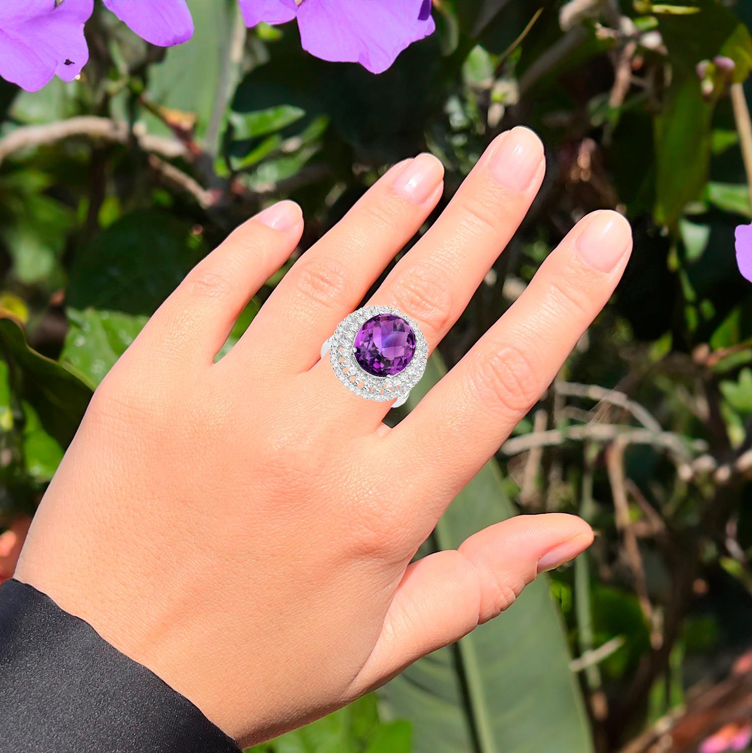 Oval Cut Amethyst Cocktail Ring White Topaz 8.45 Carats For Sale
