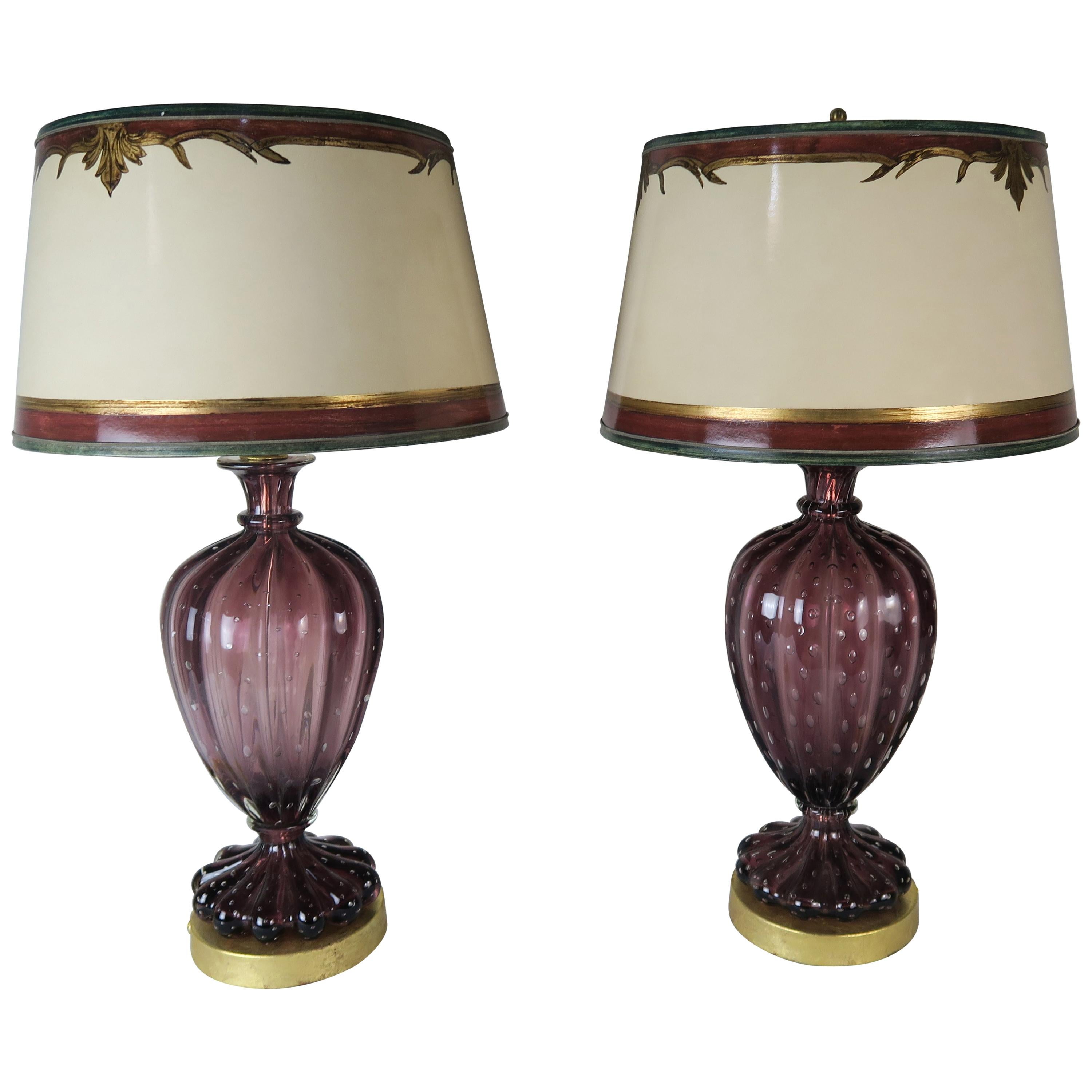 Amethyst Colored Murano Lamps with Parchment Shades, a Pair