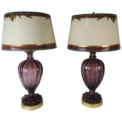 Amethyst Colored Murano Lamps with Parchment Shades, a Pair