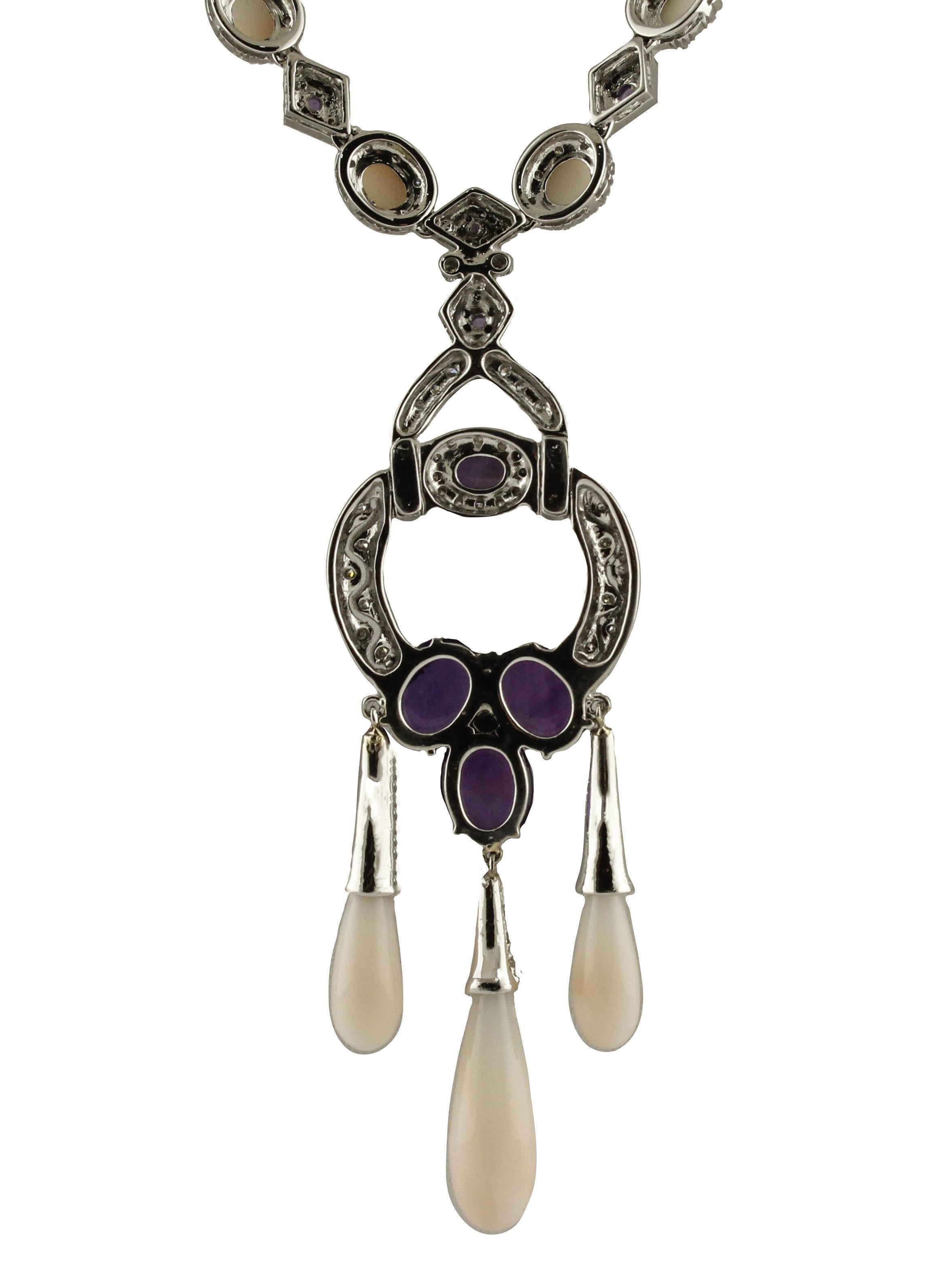 Retro Diamonds, Amethysts, Pink Coral  Buttons and Drops, White Gold Link Retrò Necklace