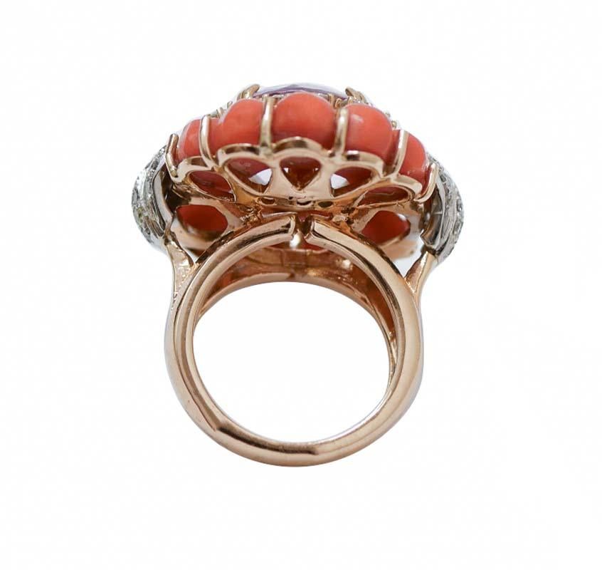 Retro Amethyst, Coral, Diamonds, 14 Karat Rose Gold and White Gold Ring.