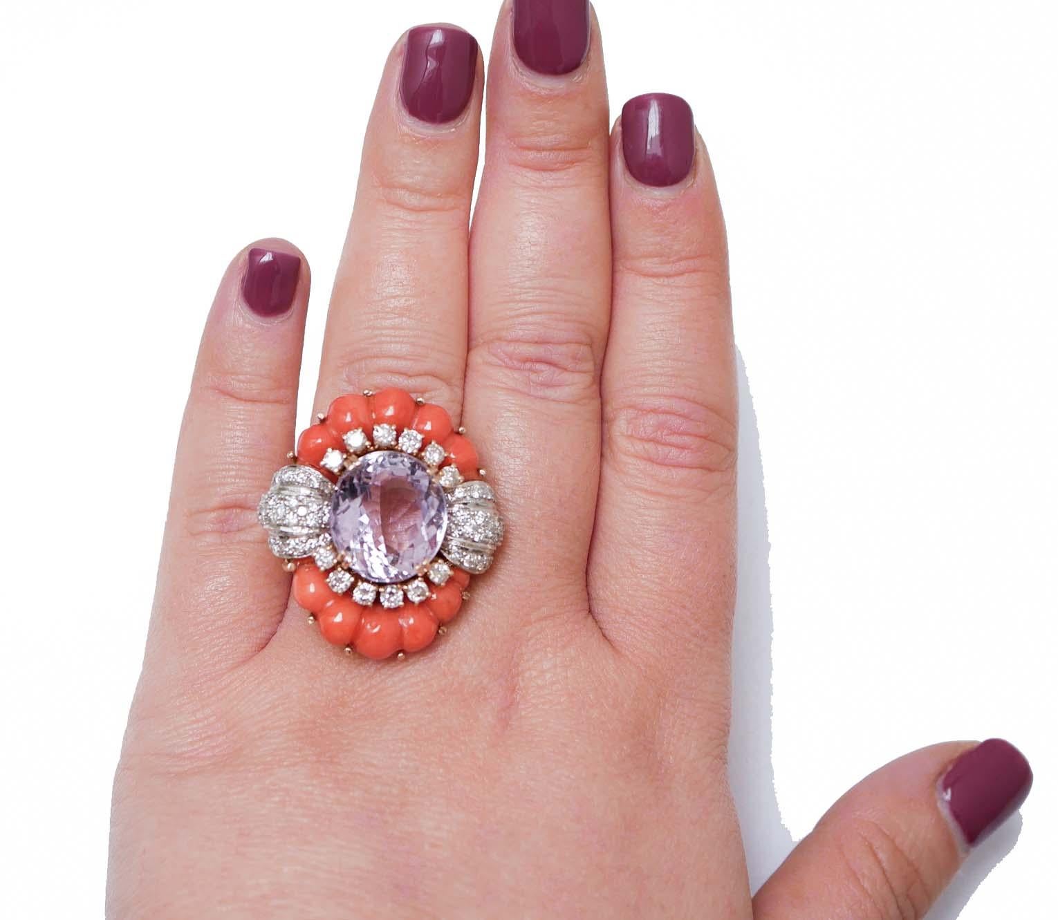 Mixed Cut Amethyst, Coral, Diamonds, 14 Karat Rose Gold and White Gold Ring.
