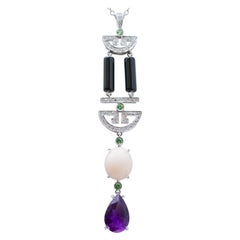 Amethyst, Coral, Onyx, Tsavorite, Diamonds, 18 Karat White Gold Pendant Necklace