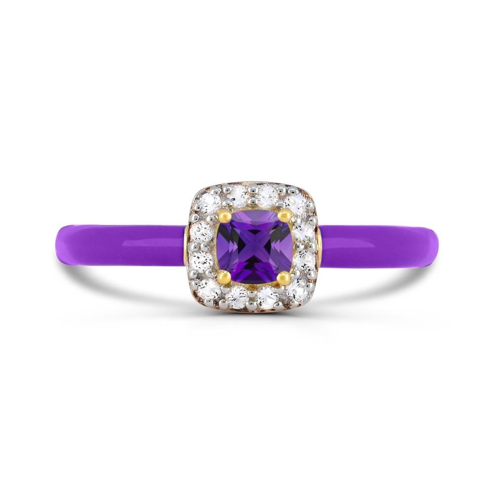 This elegant ring features one cushion-cut amethyst halo sets by round-cut created white sapphire gemstones between purple enamel shank on top of a slim band ring in 14K yellow gold over sterling silver. 

Metal: 14K Yellow Gold over Sterling