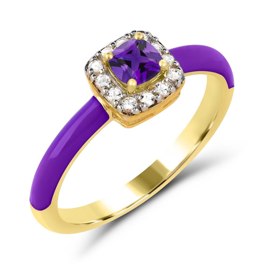 Contemporary Amethyst & Created White Sapphire Enamel Slim Band Ring in 14K Gold over Silver For Sale