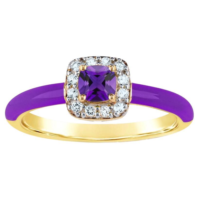 Amethyst & Created White Sapphire Enamel Slim Band Ring in 14K Gold over Silver For Sale