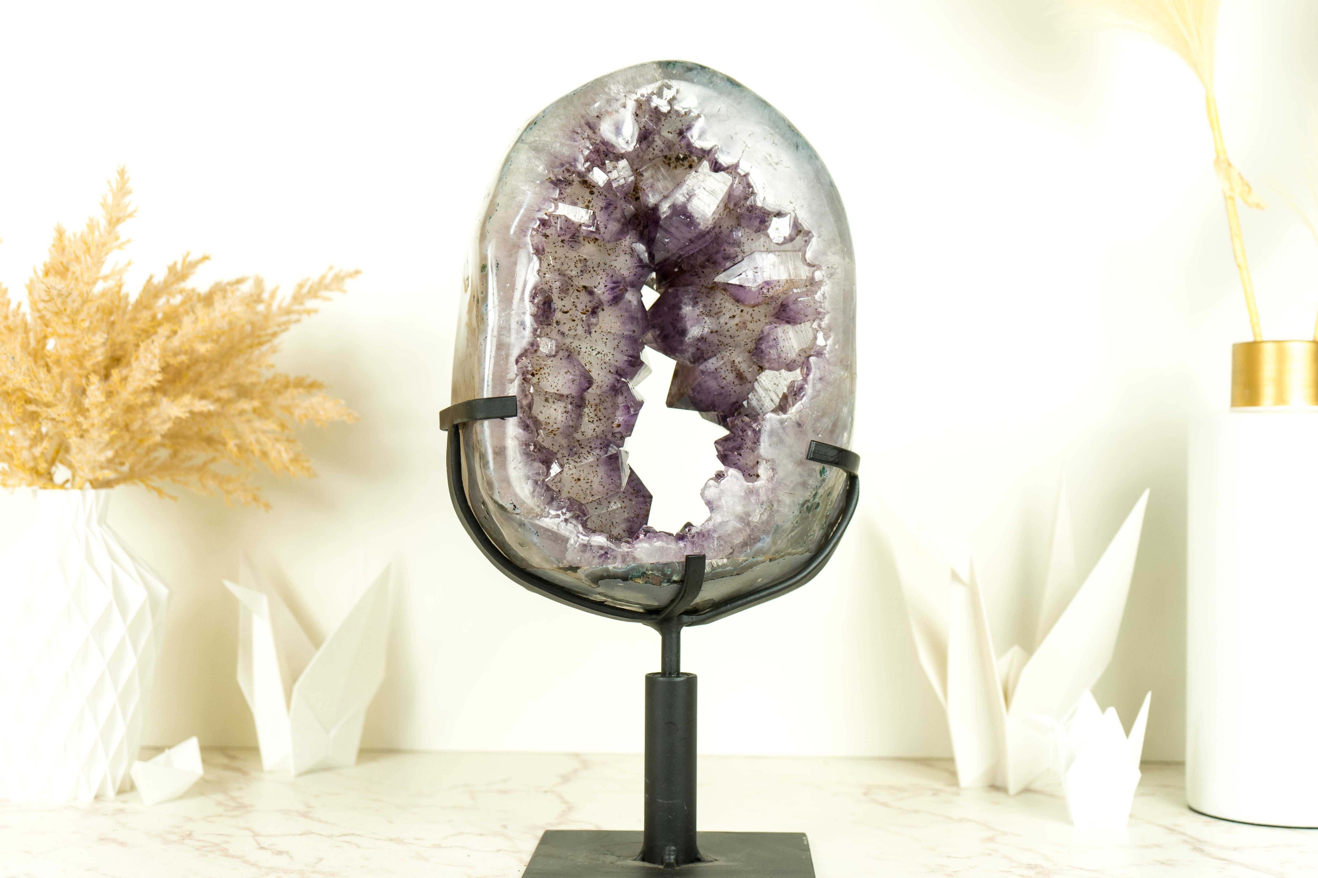 Amethyst Crown Geode Slice with Large Sparkly Amethyst Druzy on a Rotating Stand For Sale 6