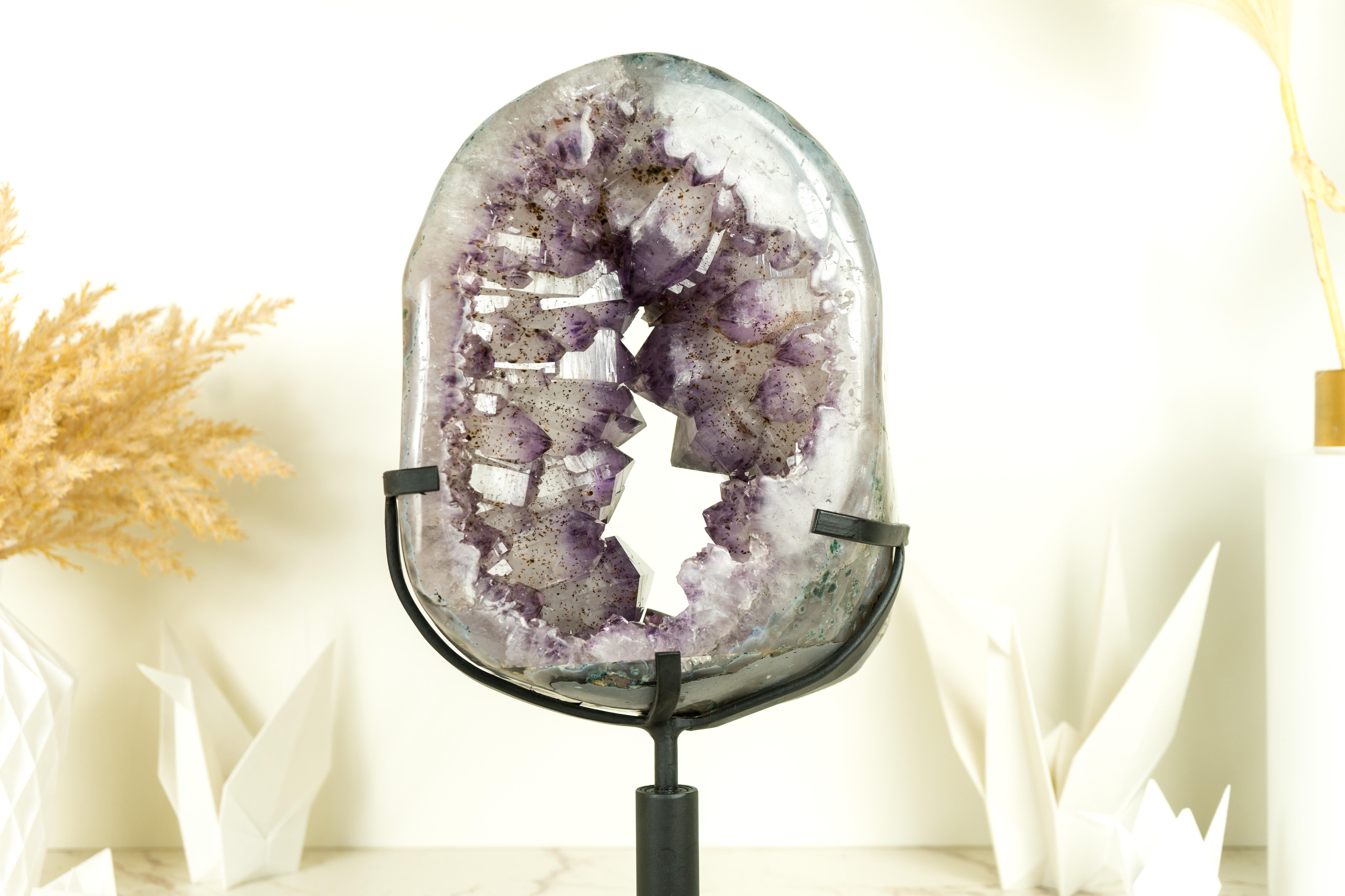 Amethyst Crown Geode Slice with Large Sparkly Amethyst Druzy on a Rotating Stand For Sale 7