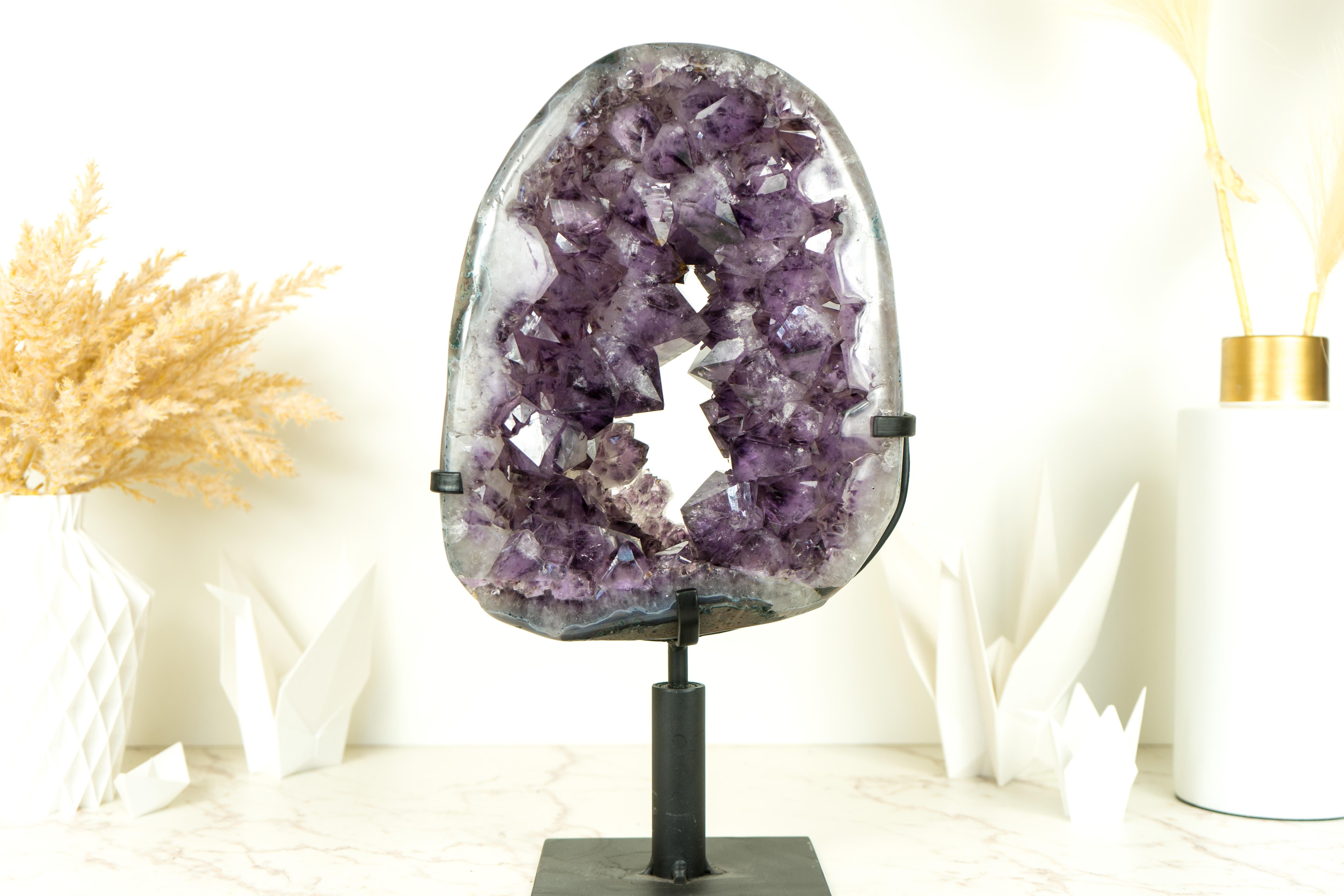 Brazilian Amethyst Crown Geode Slice with Large Sparkly Amethyst Druzy on a Rotating Stand For Sale