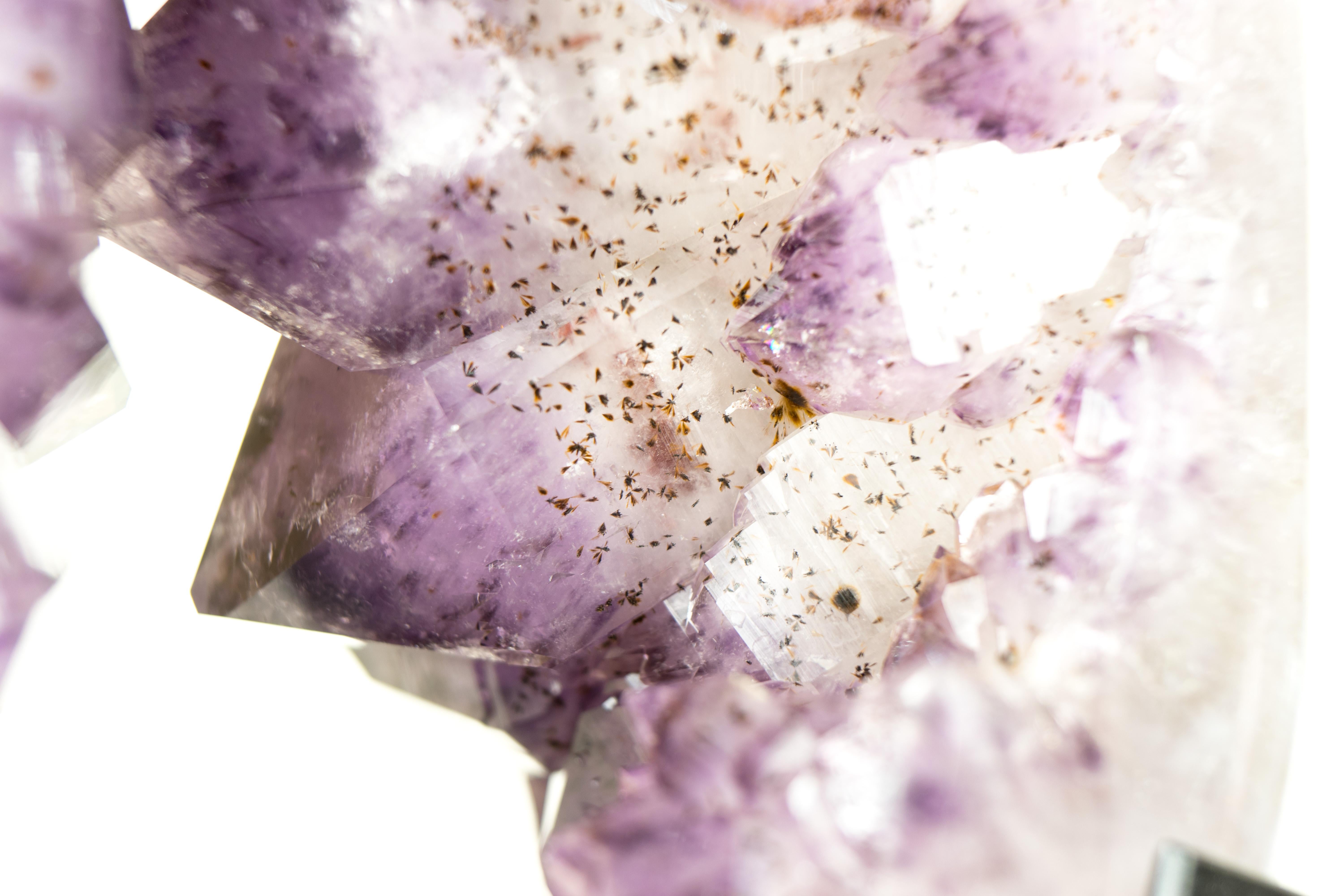 Contemporary Amethyst Crown Geode Slice with Large Sparkly Amethyst Druzy on a Rotating Stand For Sale