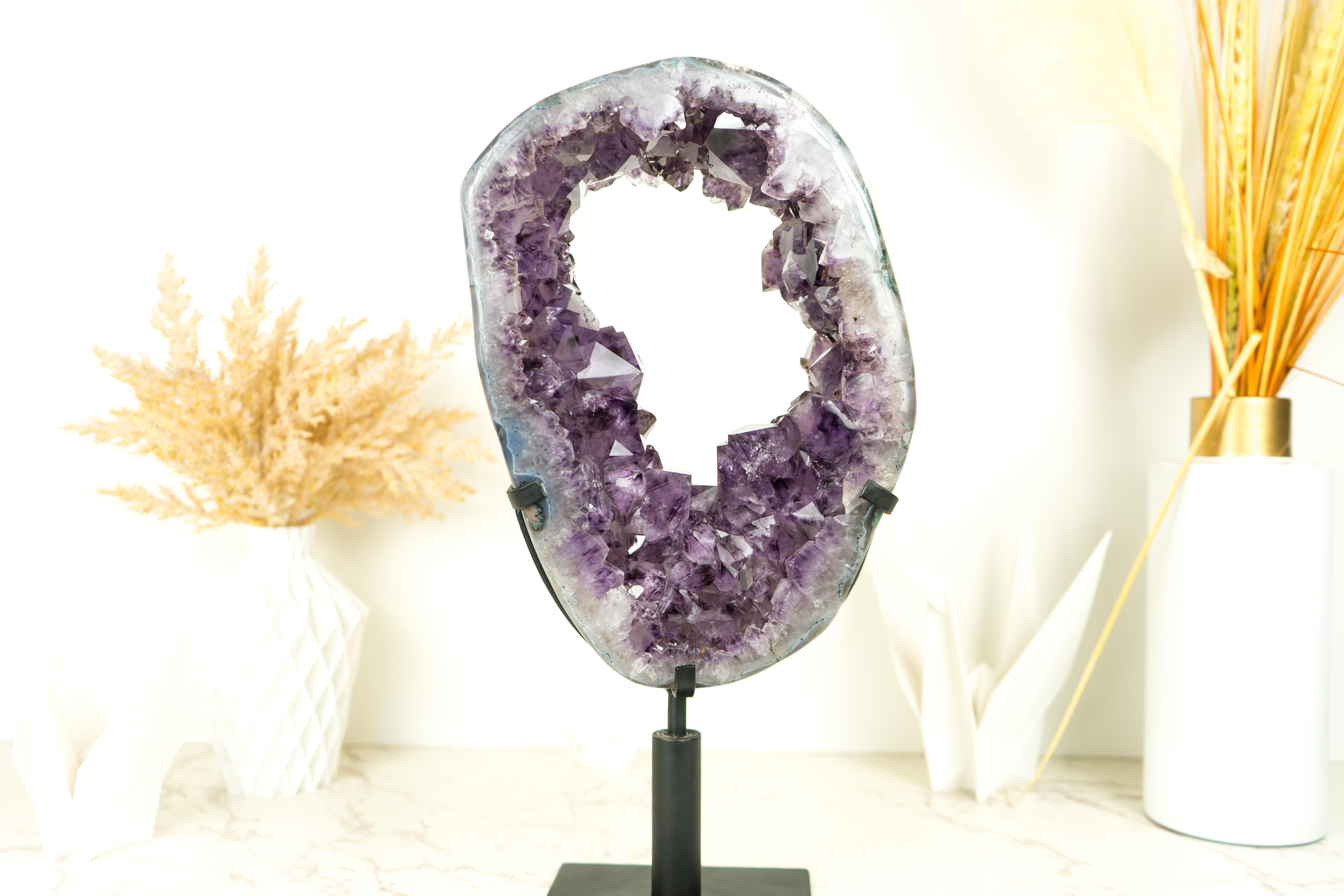 Amethyst Crown Geode Slice with Sparkling Large Purple Druzy on Rotating Stand  For Sale 3