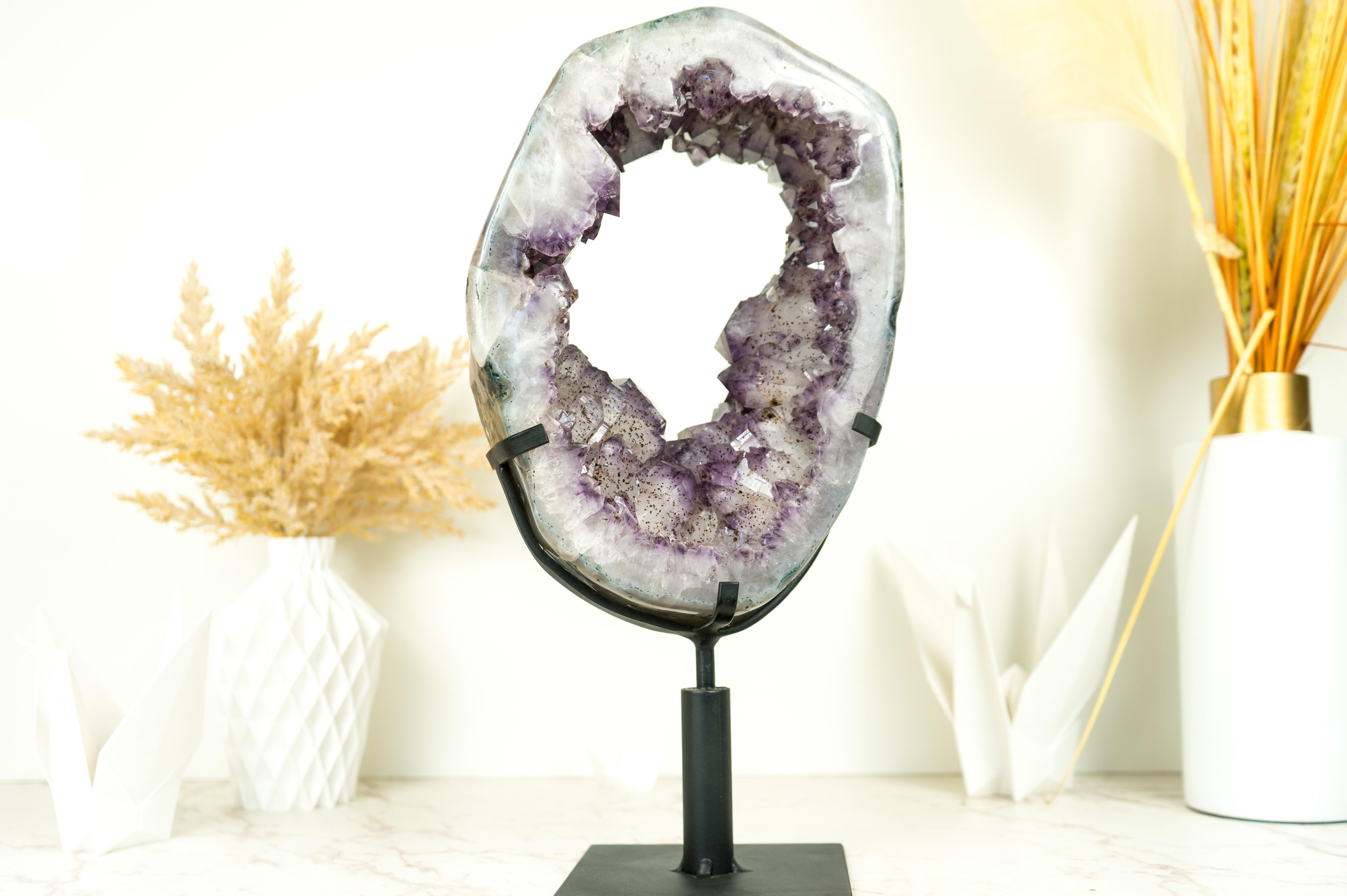 Amethyst Crown Geode Slice with Sparkling Large Purple Druzy on Rotating Stand  For Sale 4